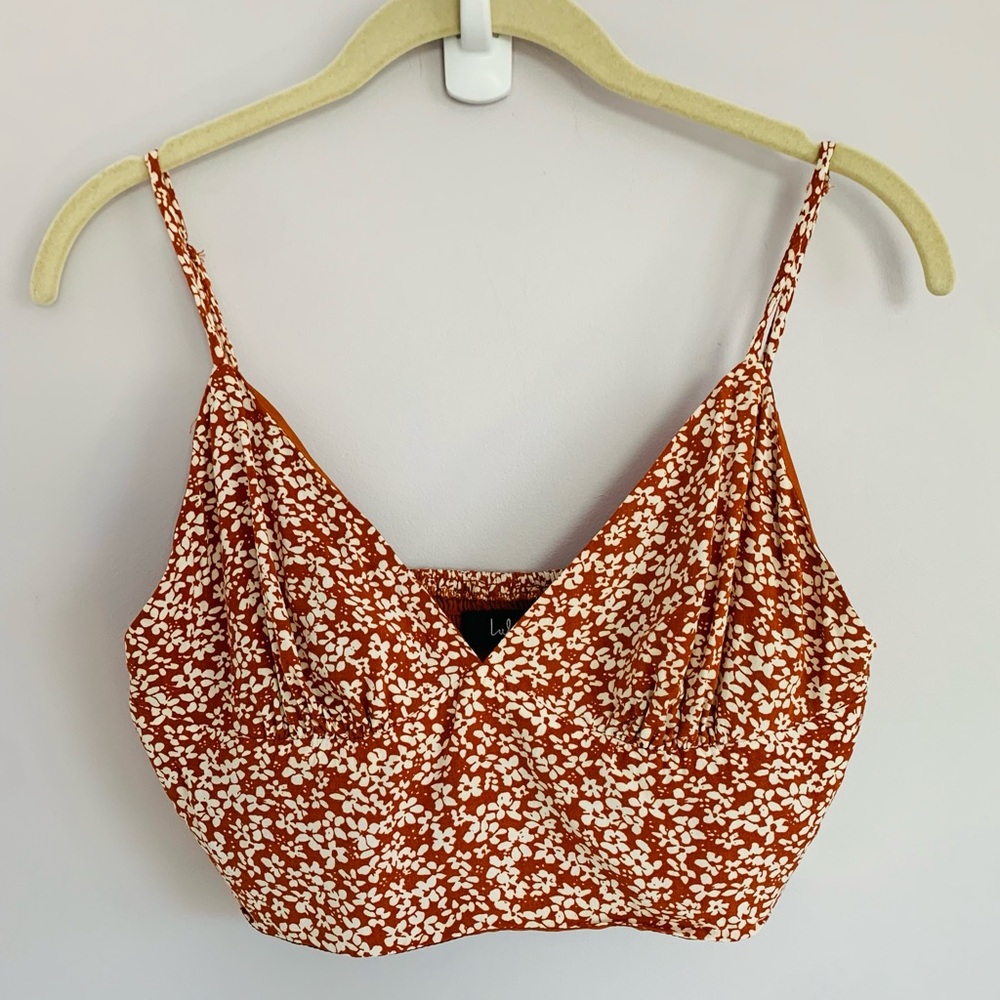 Lulu's Crop Top Rust White Ditsy Floral Spaghetti Strap Boho Summer Cute Medium